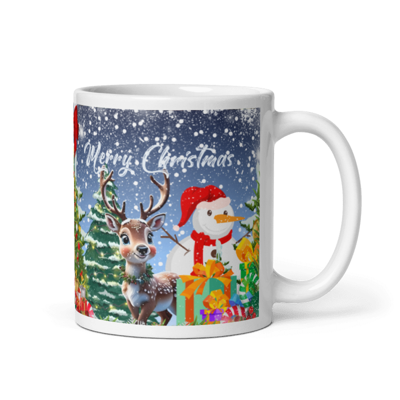 Taza navideña blanca con diseño de renos en cerámica premium