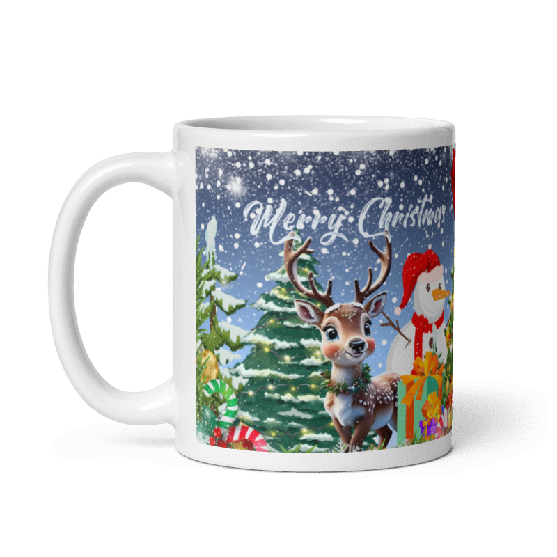 Taza navideña blanca con diseño de renos en cerámica premium
