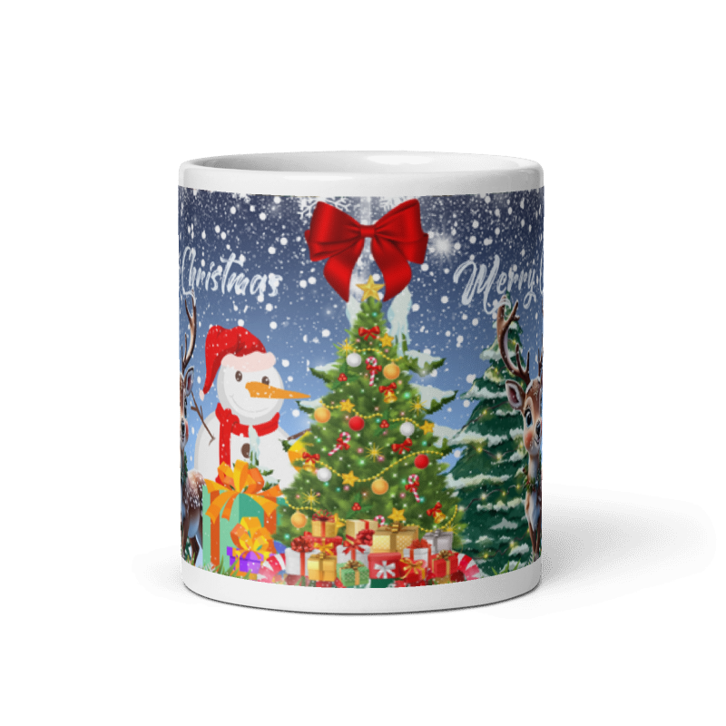 Taza navideña blanca con diseño de renos en cerámica premium