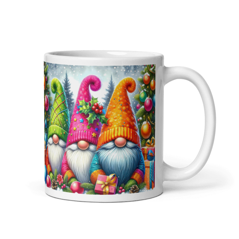 Taza navideña blanca con diseño de gnomos Merry Christmas en cerámica premium