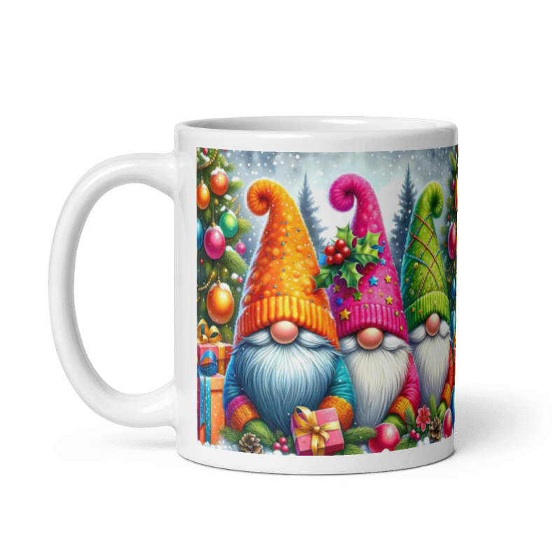 Taza navideña blanca con diseño de gnomos Merry Christmas en cerámica premium