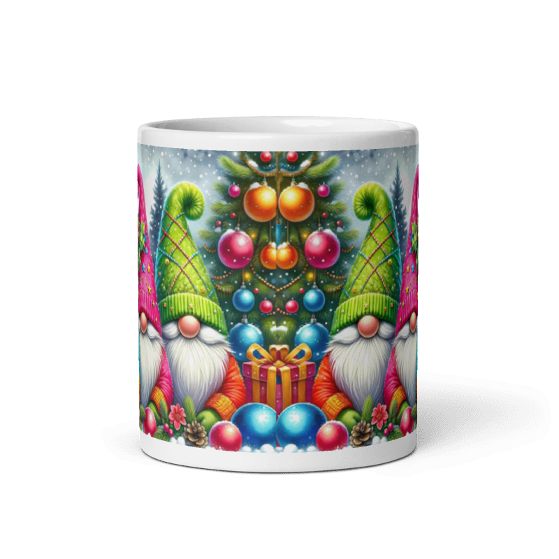 Taza navideña blanca con diseño de gnomos Merry Christmas en cerámica premium