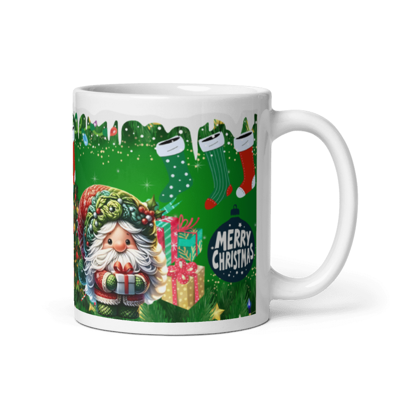 Taza navideña blanca con diseño de gnomos Merry Christmas en cerámica premium