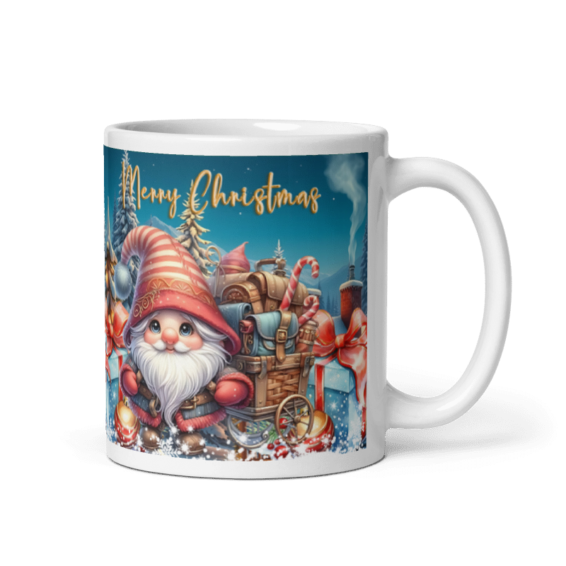 Taza navideña blanca con diseño de gnomos Merry Christmas en cerámica premium