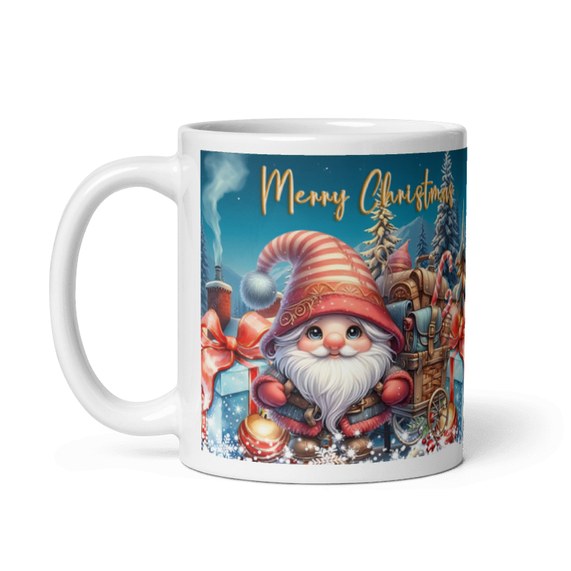 Taza navideña blanca con diseño de gnomos Merry Christmas en cerámica premium