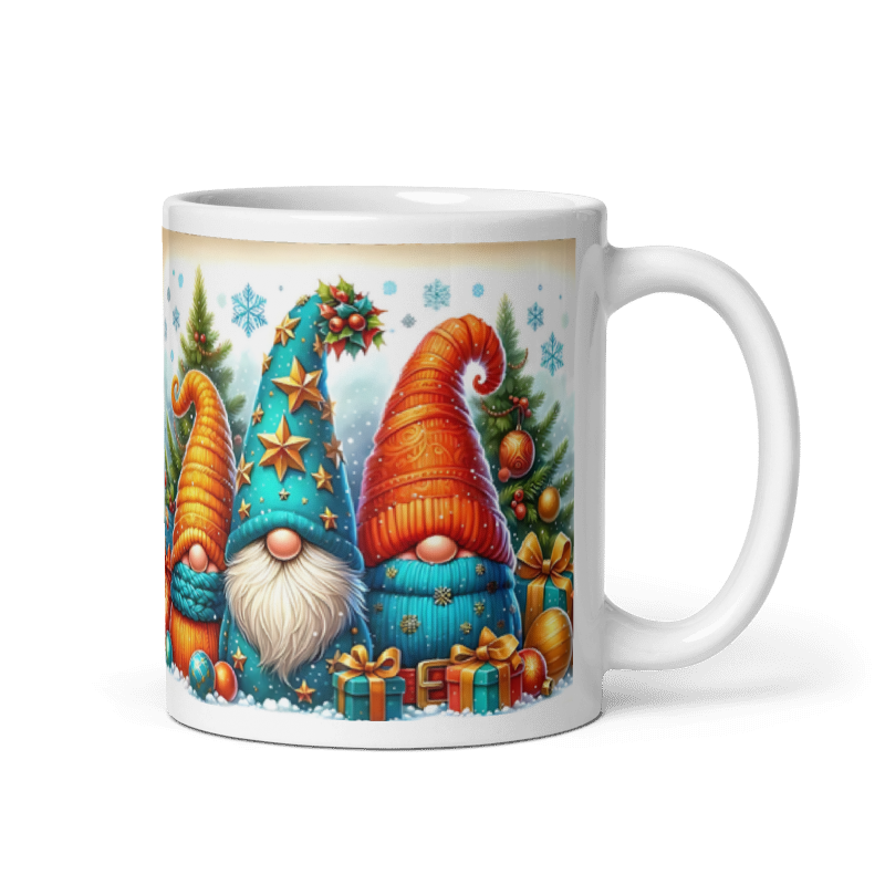 Taza navideña blanca con diseño de gnomos Merry Christmas en cerámica premium