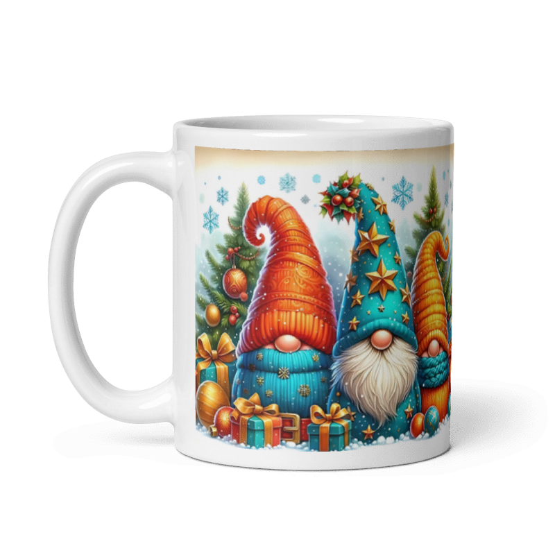 Taza navideña blanca con diseño de gnomos Merry Christmas en cerámica premium