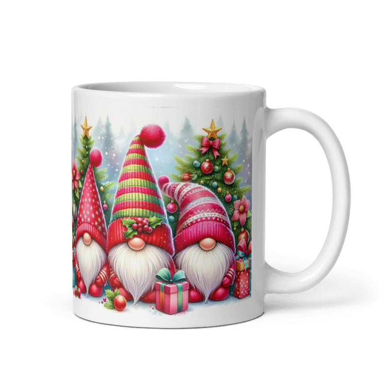 Taza navideña blanca con diseño de gnomos Merry Christmas en cerámica premium