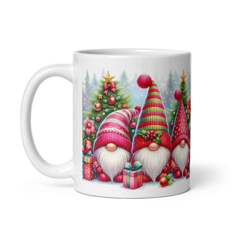 Taza navideña blanca con diseño de gnomos Merry Christmas en cerámica premium
