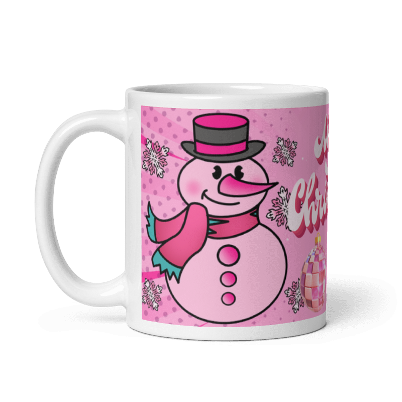 Taza navideña blanca con diseño de muñeco de nieve Merry Christmas en cerámica premium