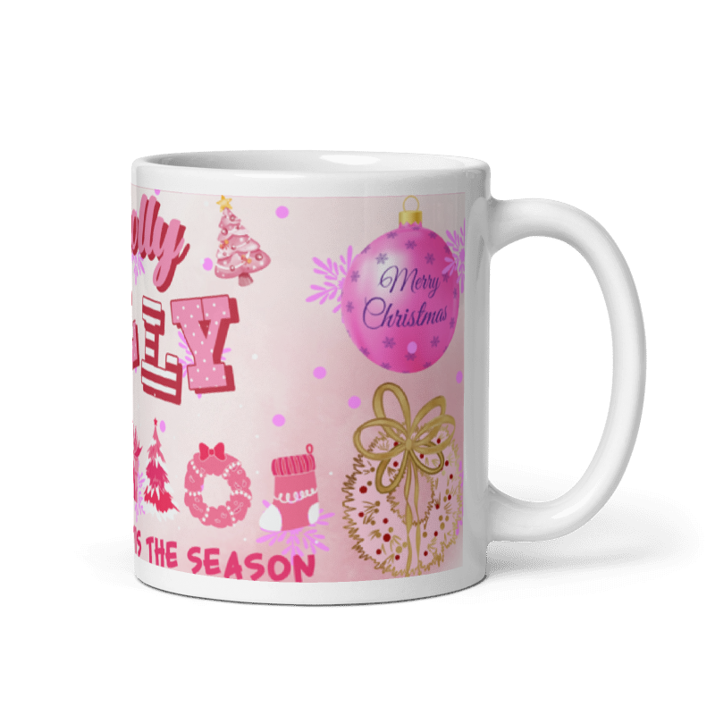 Taza navideña blanca con mensaje Jolly Merry Christmas en cerámica premium
