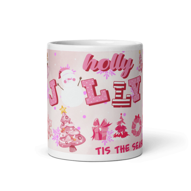 Taza navideña blanca con mensaje Jolly Merry Christmas en cerámica premium
