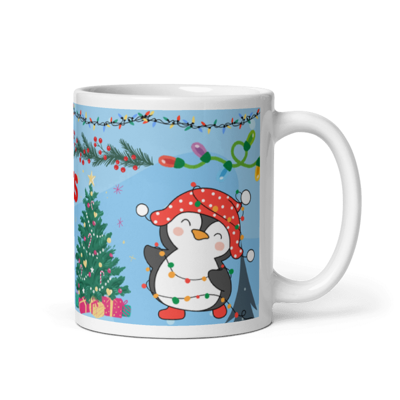 Taza navideña blanca con diseño de pingüino Merry Christmas en cerámica premium