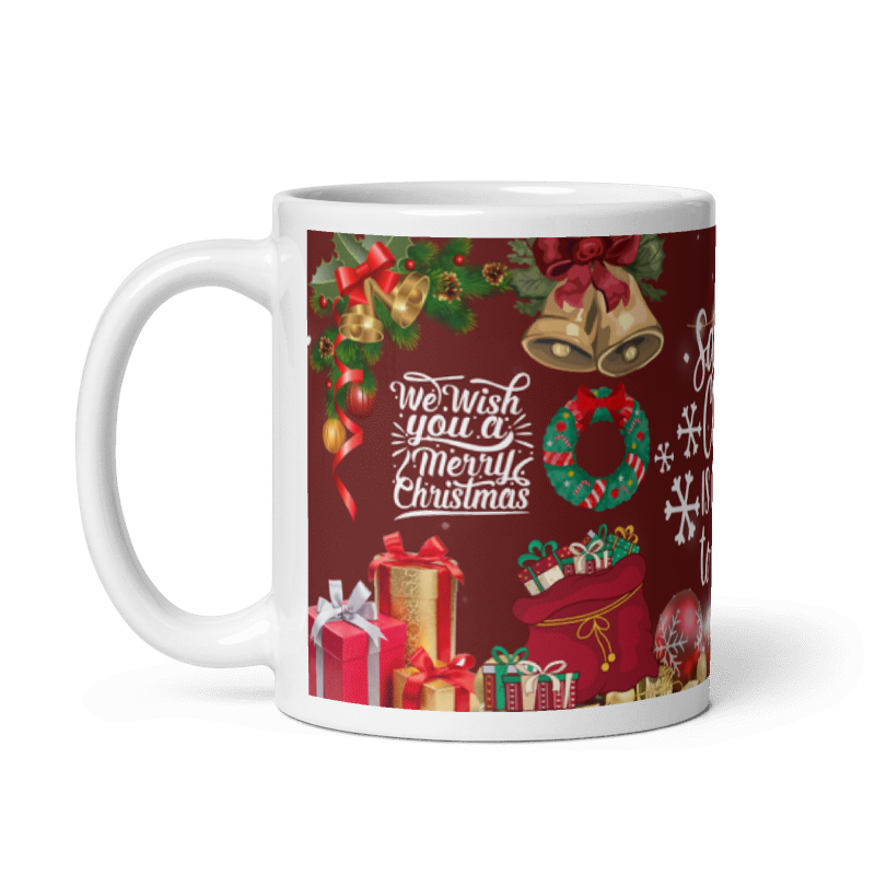 Taza navideña blanca con mensaje Santa Claus is Coming en cerámica premium