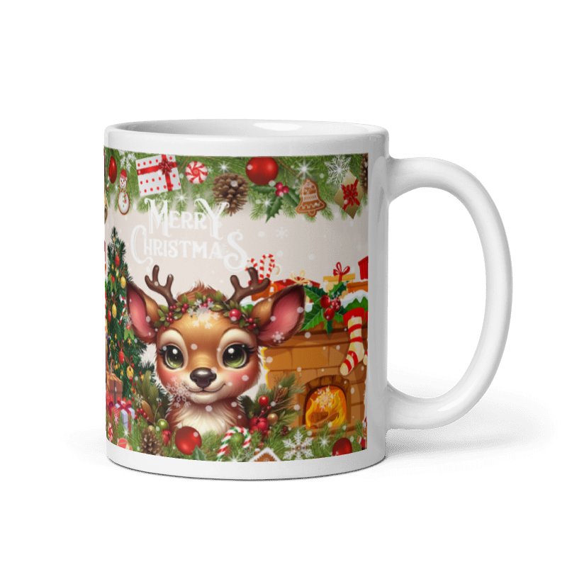 Taza navideña blanca con diseño de reno Merry Christmas en cerámica premium
