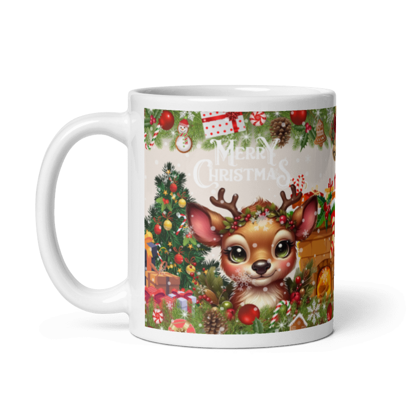Taza navideña blanca con diseño de reno Merry Christmas en cerámica premium
