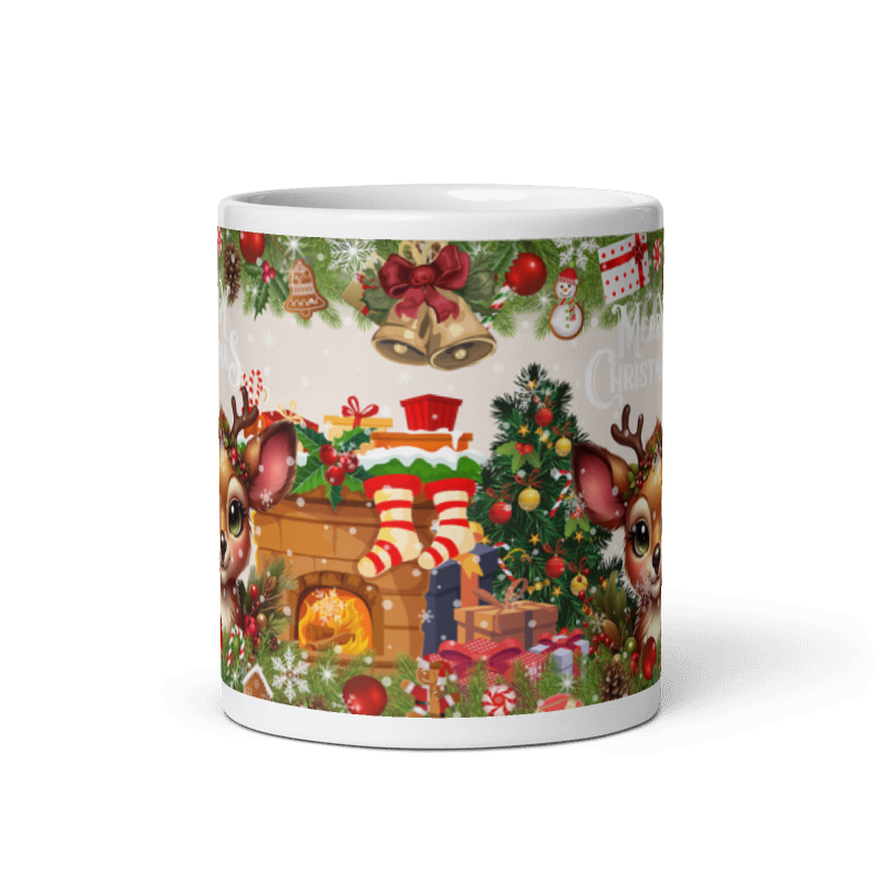 Taza navideña blanca con diseño de reno Merry Christmas en cerámica premium