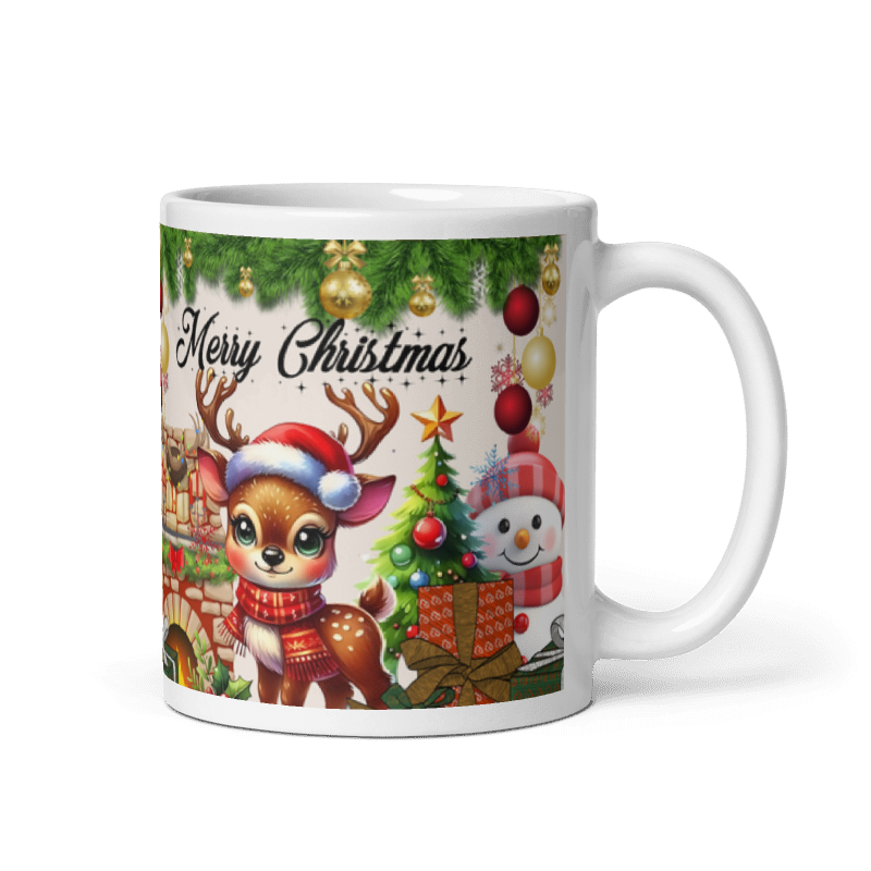 Taza navideña blanca con diseño de renos y muñeco de nieve en cerámica premium