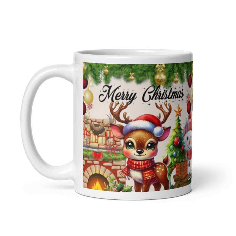 Taza navideña blanca con diseño de renos y muñeco de nieve en cerámica premium