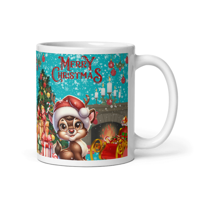 Taza navideña blanca con diseño de reno Merry Christmas en cerámica premium