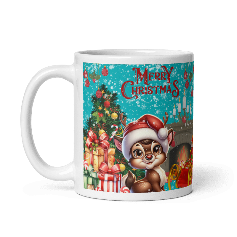 Taza navideña blanca con diseño de reno Merry Christmas en cerámica premium