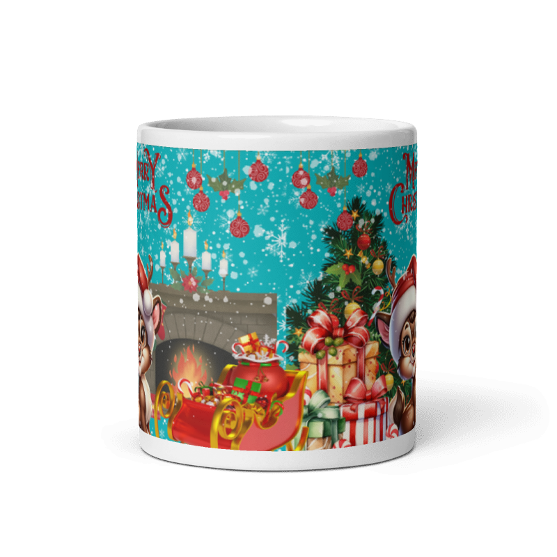 Taza navideña blanca con diseño de reno Merry Christmas en cerámica premium