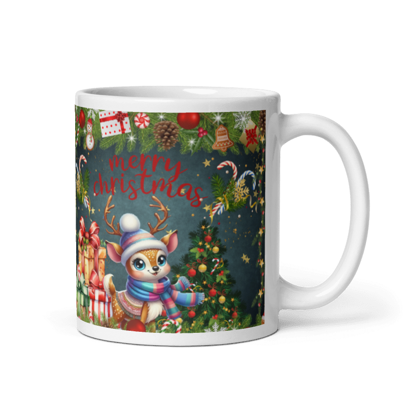 Taza navideña blanca con diseño de reno Merry Christmas en cerámica premium