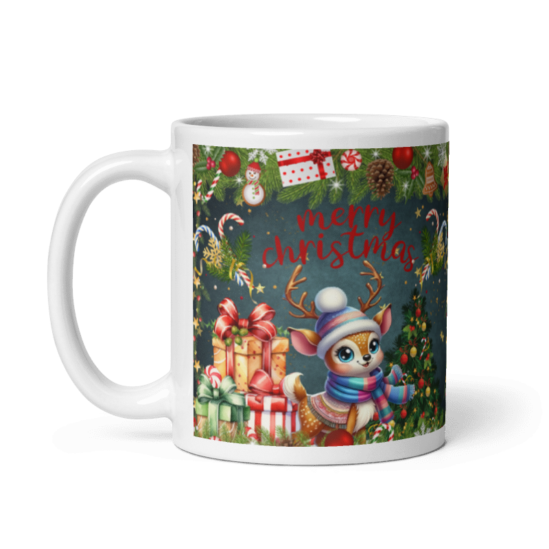 Taza navideña blanca con diseño de reno Merry Christmas en cerámica premium