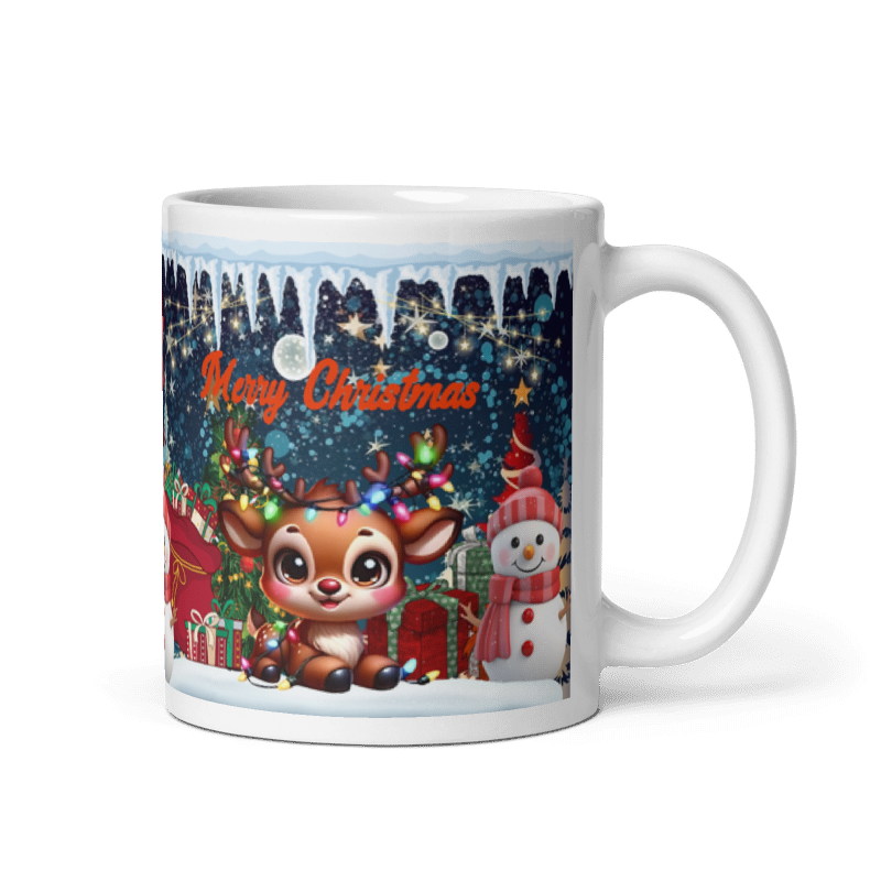 Taza navideña blanca con diseño de reno Merry Christmas en cerámica premium