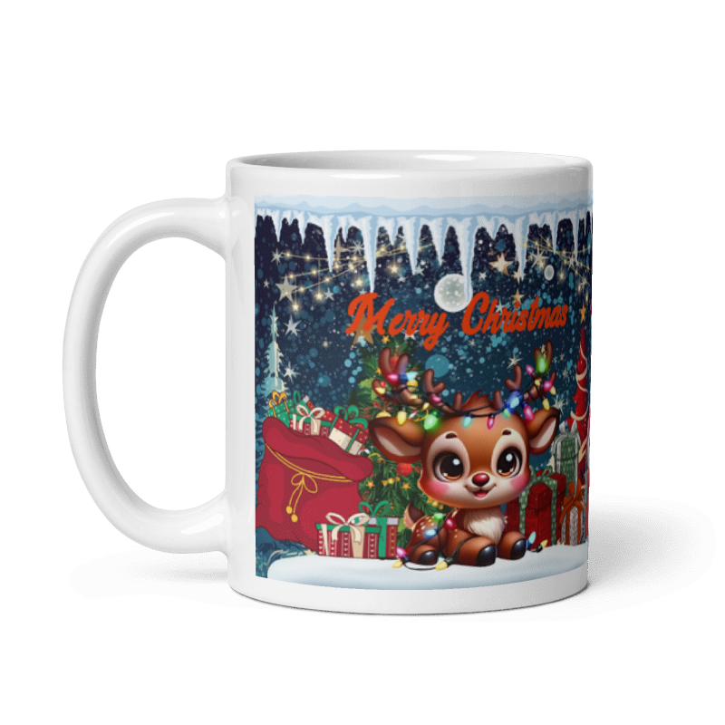 Taza navideña blanca con diseño de reno Merry Christmas en cerámica premium