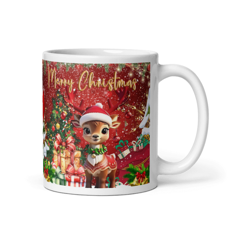 Taza navideña blanca con diseño de reno Merry Christmas en cerámica premium