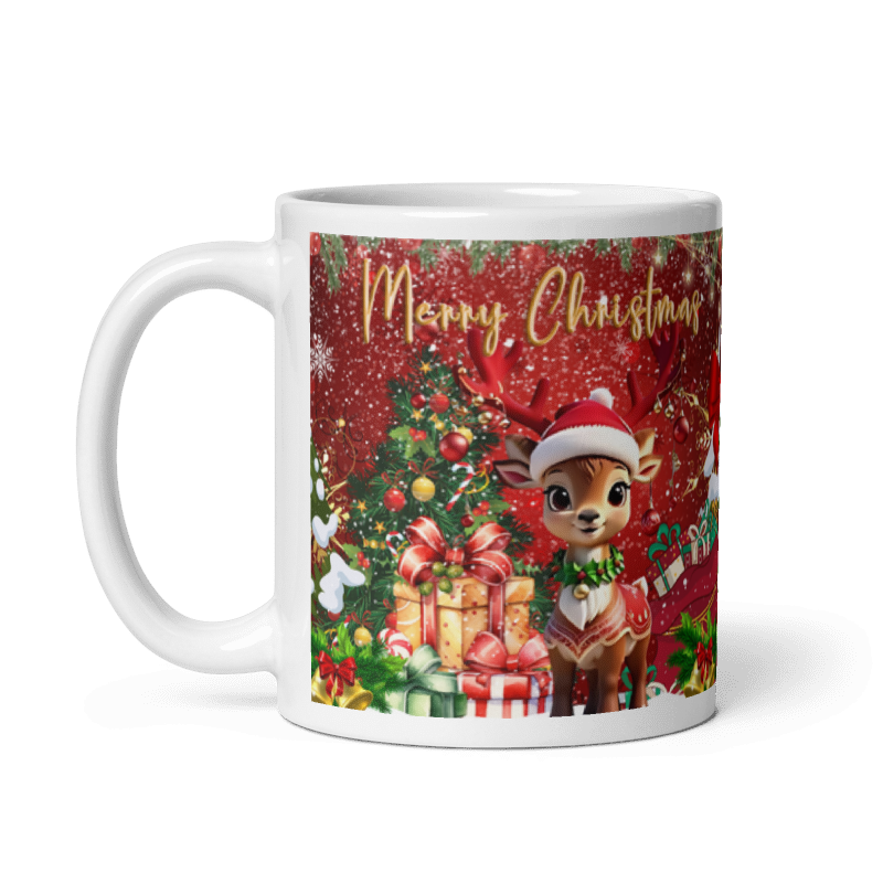 Taza navideña blanca con diseño de reno Merry Christmas en cerámica premium